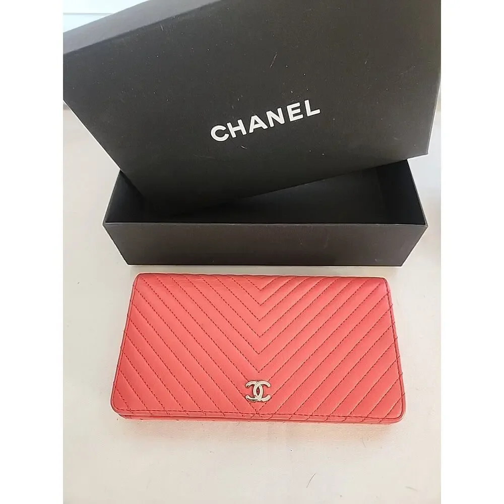 Chanel Coral Chevron Quilted Wallet